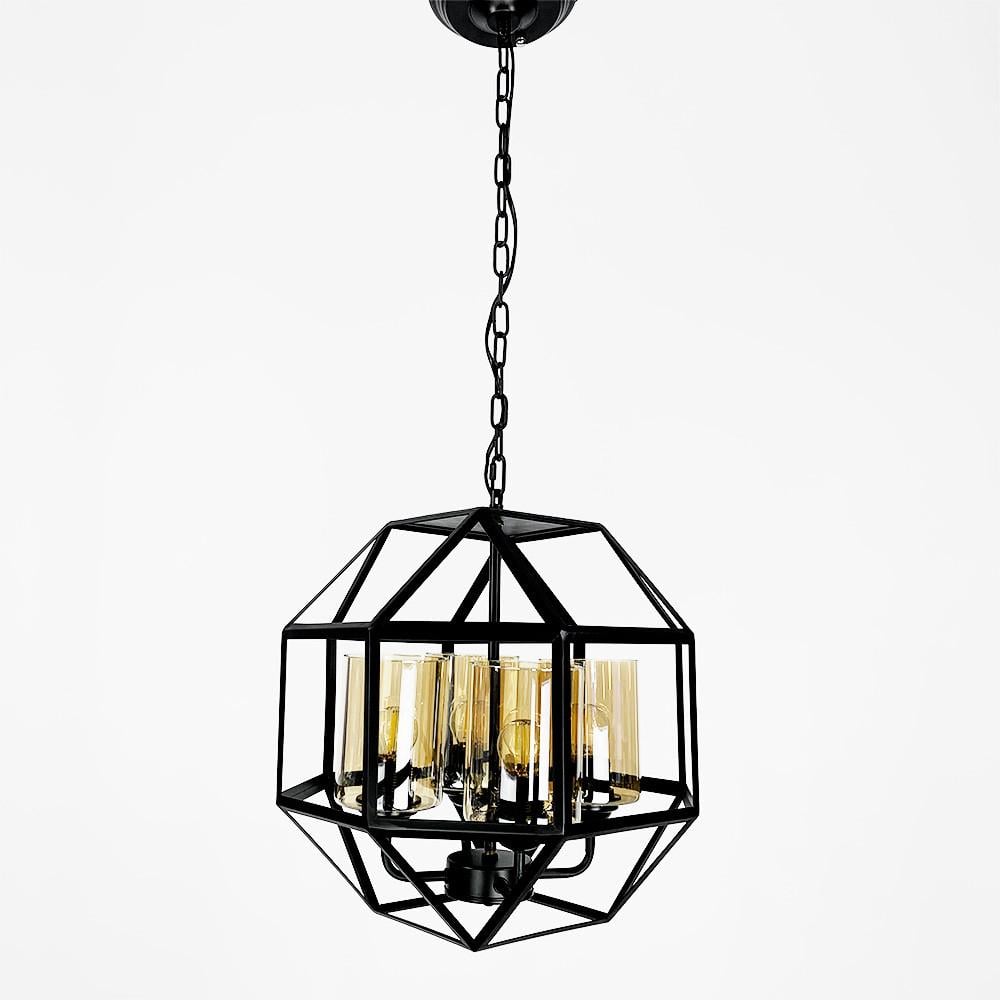 Люстра лофт формы прямой многогранник на 4 янтарных плафона Черный (0091/4 AM/GR)