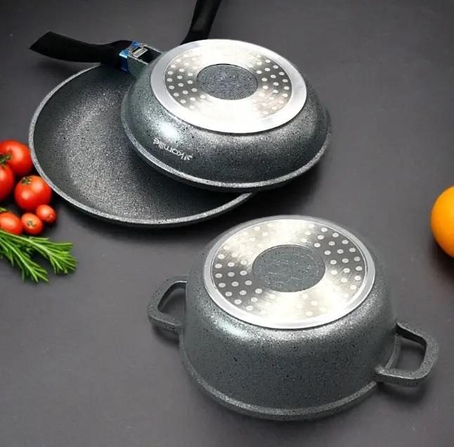 Набір посуду зі скляними термостійкими кришками Kamille КМ-4437 з литого алюмінію із 12-ти предметів Чорний мармур (150-84-4437) - фото 3 Набір посуду зі скляними термостійкими кришками Kamille КМ-4437 з литого алюмінію із 12-ти предметів Чорний мармур (150-84-4437) - фото 3