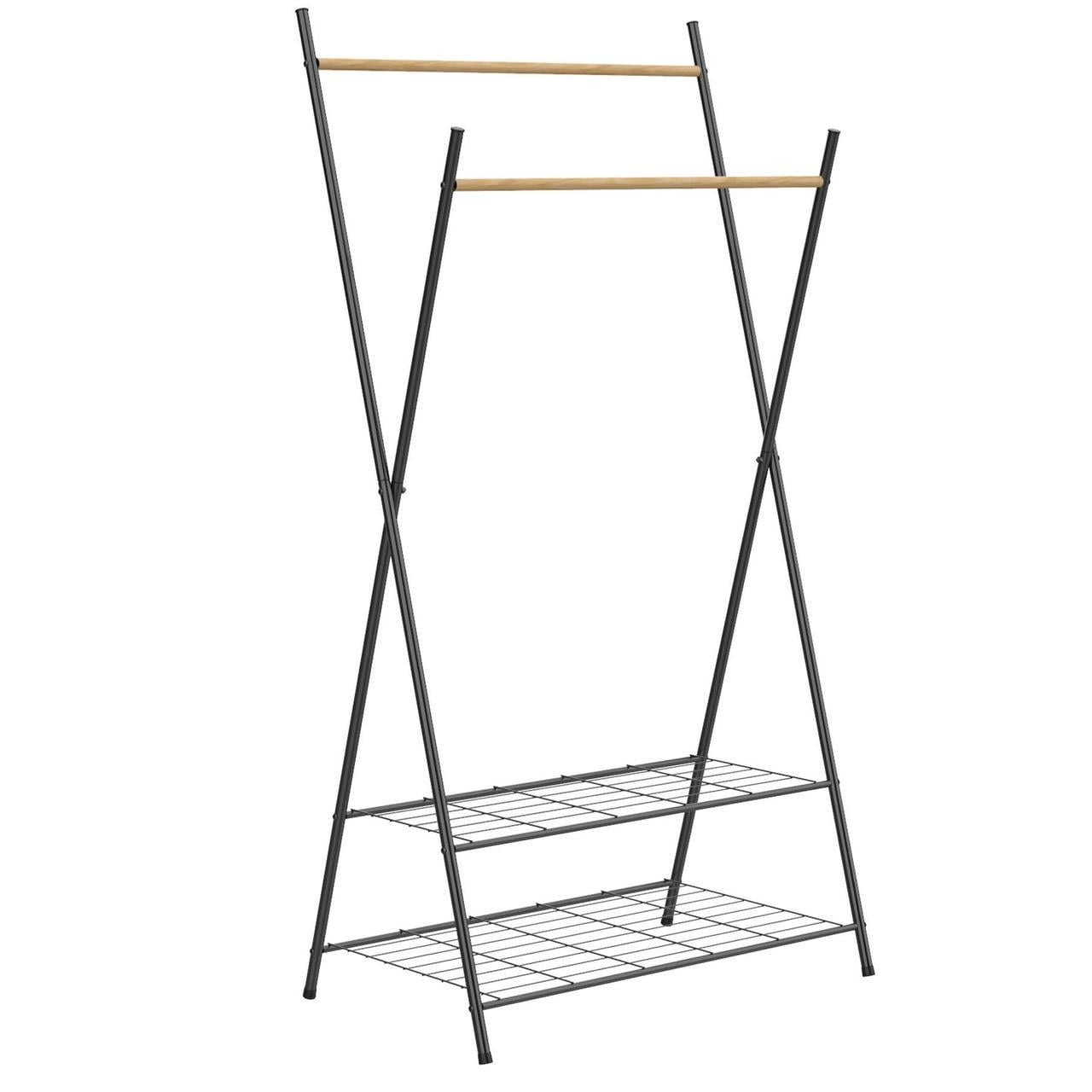 Стойка для одежды двойная напольная Casa Si Garment Rack с 2 полками для обуви из стали и бамбука 156х82х50 см Черный
