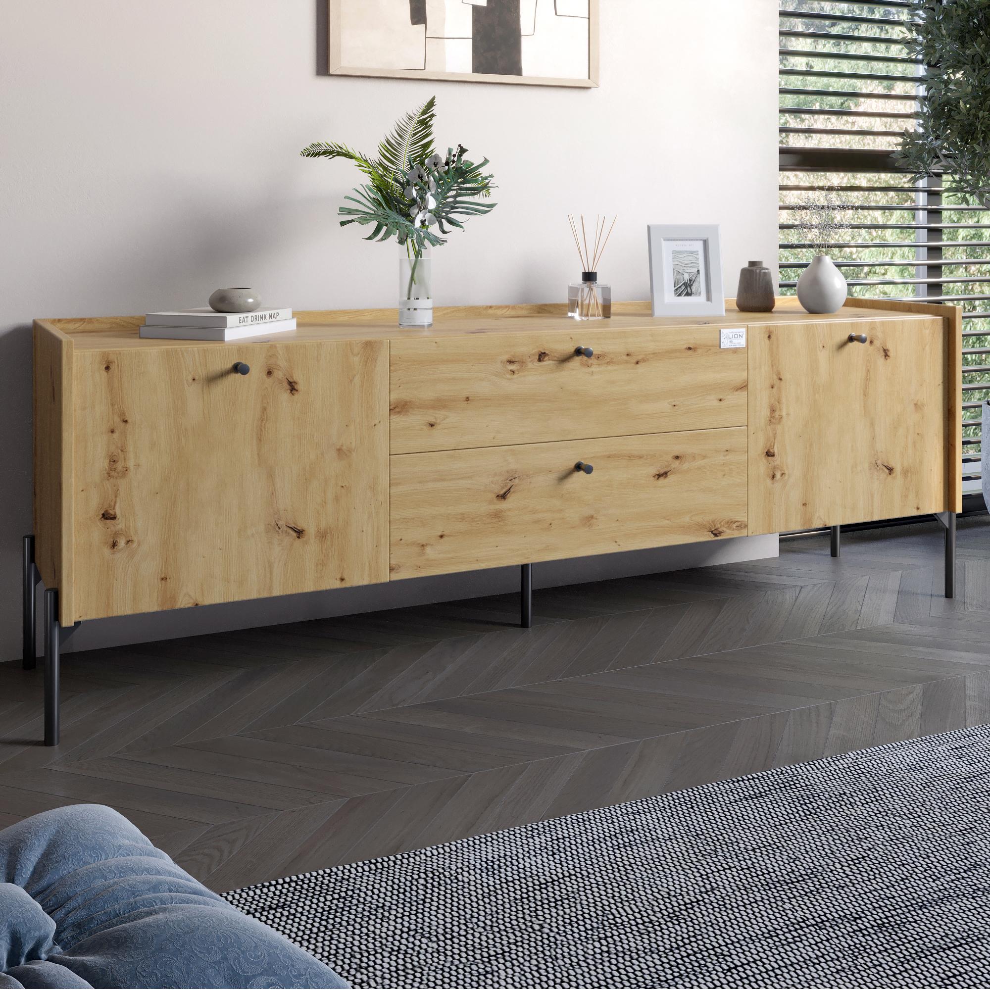 Тумба под телевизор с ящиками Lion Wood с черными ножками 180х50х40 см Дуб Артизан (000-000-2424)