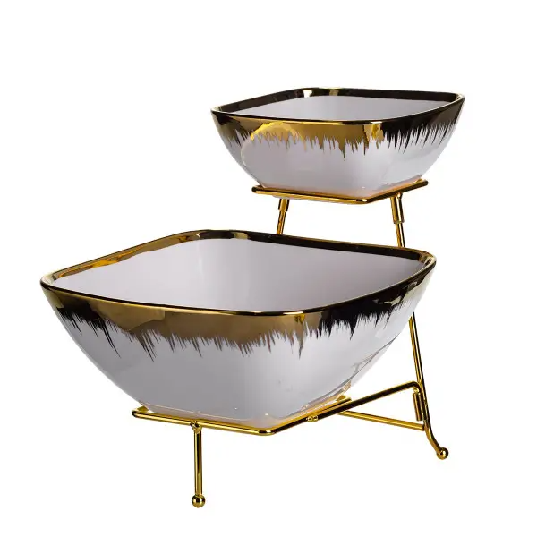 Фруктовница фарфоровая на 2 яруса на металлической подставке 31х23х25 см Белый/Золотой