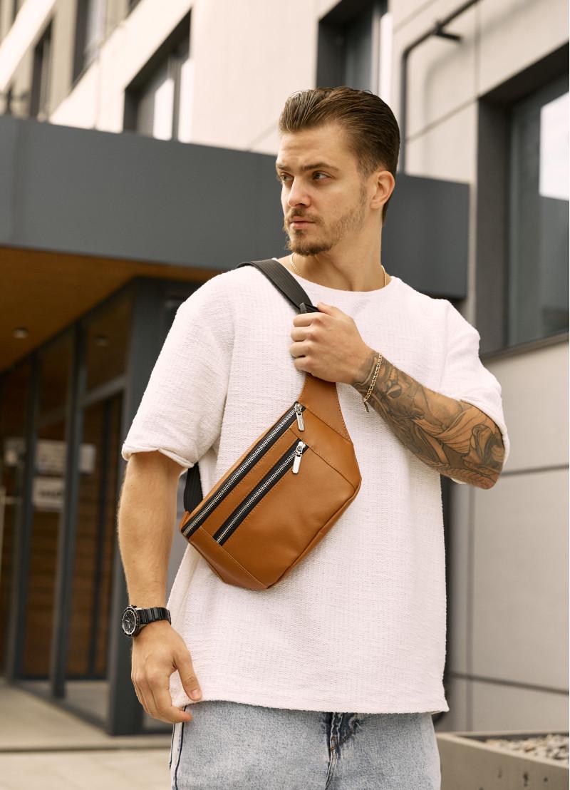 Поясная сумка-бананка мужская кожаная Sambag Tirso Max 38×17×6 см Рыжий (81341121m)