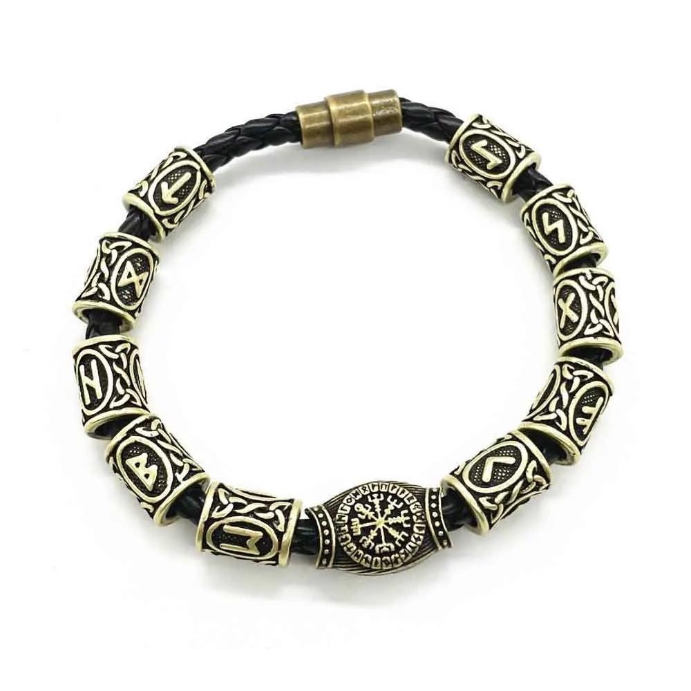 Браслет кожаный Vikingos с 11 скандинавскими рунами Type B 20 см Бронзовый (2142484134)