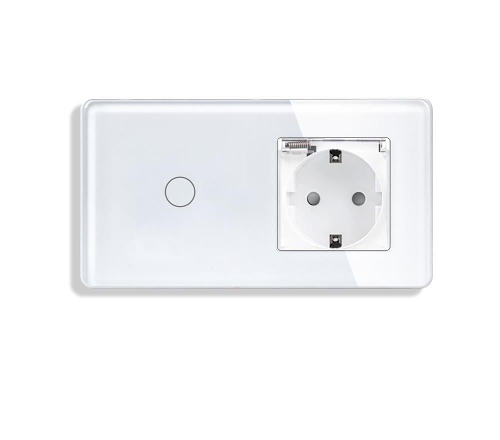 Выключатель сенсорный ELIOS с розеткой IP44 крышка 16А 230В с заземлением/шторками стекло Белый