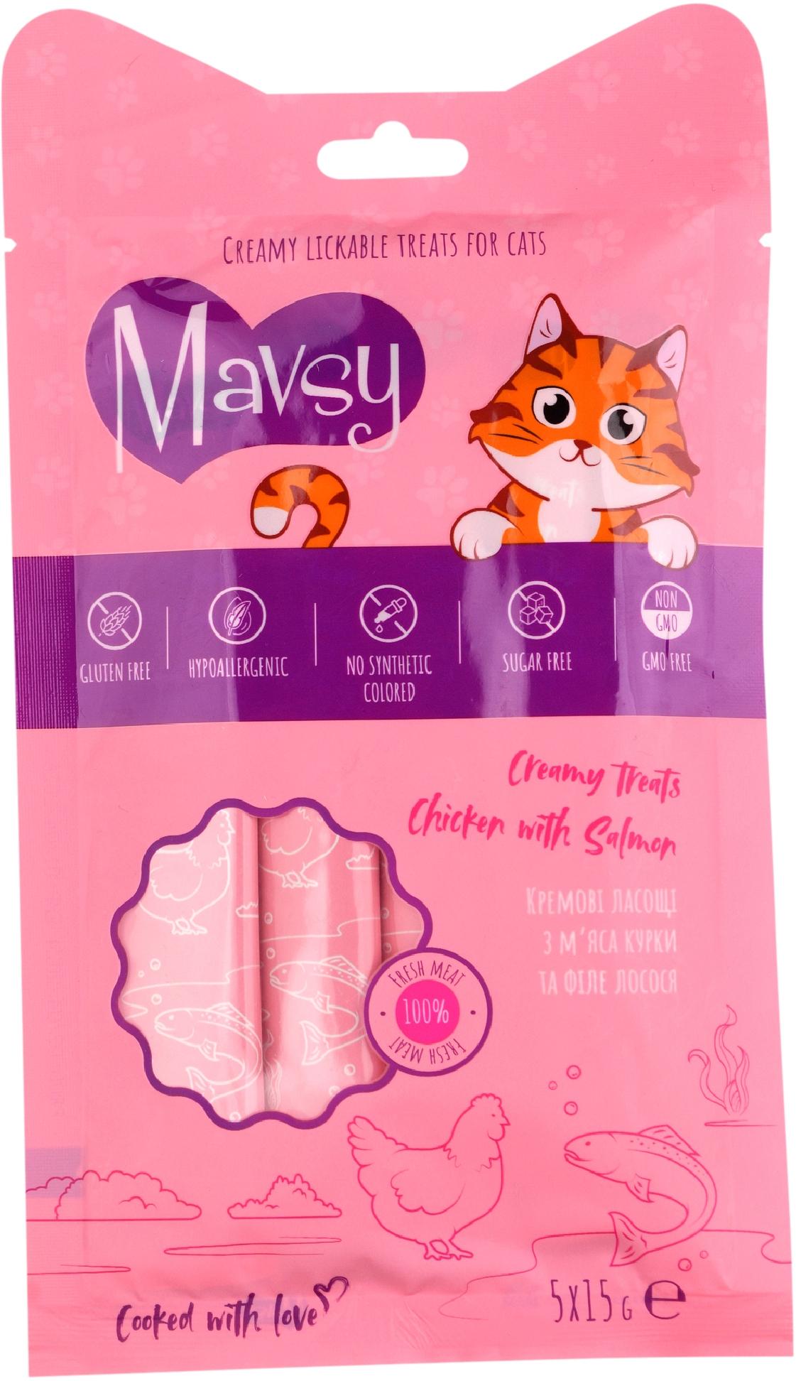 Ласощі для котів Mavsy Creamy Treats Salmon with Shrimp з філе лосося та креветками 5 шт. 15 г
