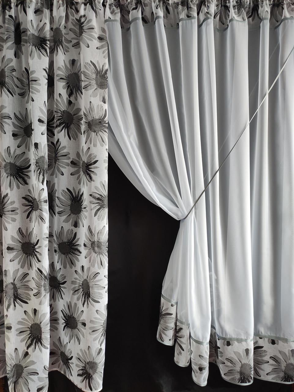 Комплект на кухонное окно Ромашка шифон и батист с цветами 290х190 см Белый/Серый (ромашка-01) - фото 1 Комплект на кухонное окно Ромашка шифон и батист с цветами 290х190 см Белый/Серый (ромашка-01) - фото 1