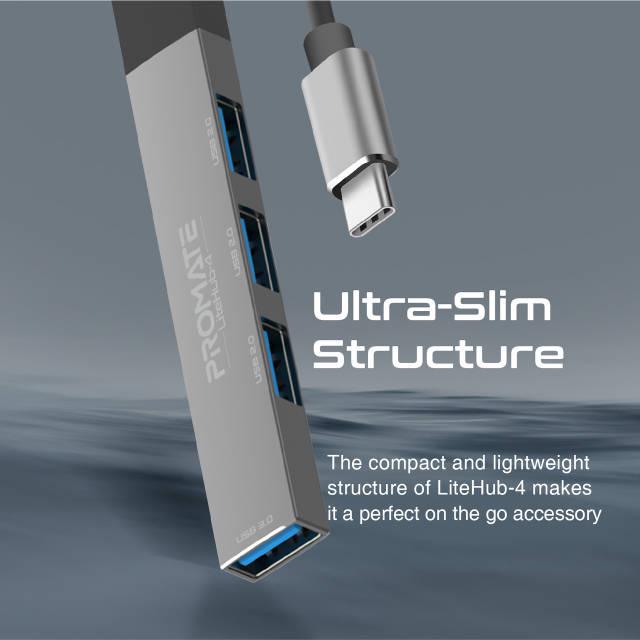 USB-С хаб Promate LiteHub-4 3xUSB 2.0 USB 3.0 Grey - фото 5