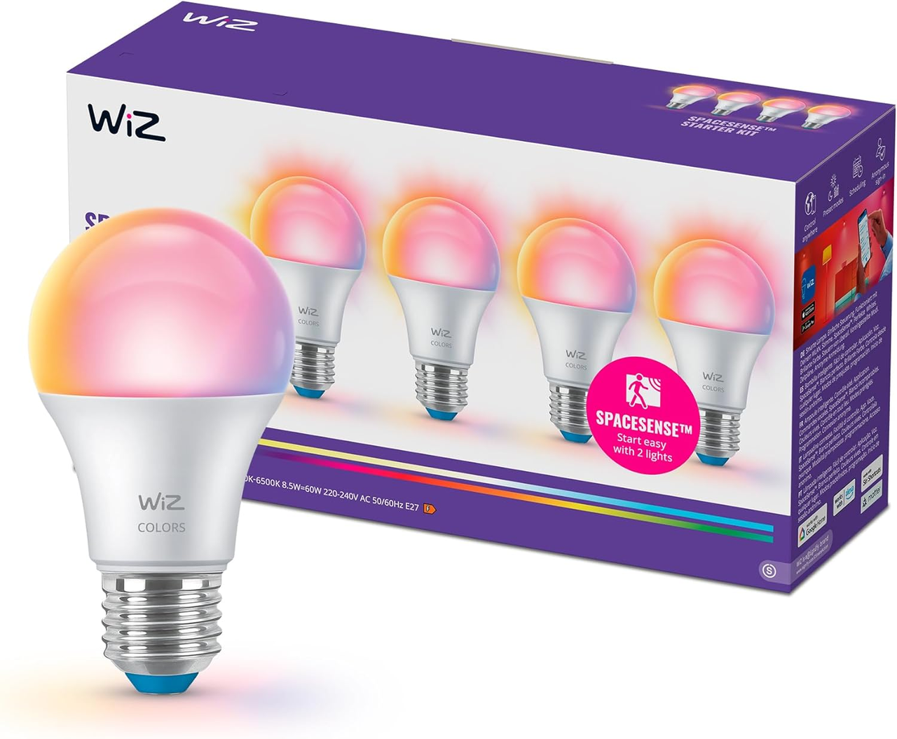 Разумные LED-лампы WiZ E27 Ambiance A60 8,5W 60W WiFi Matter Bluetooth SpaceSense 4 шт. White/Color (2964757862)