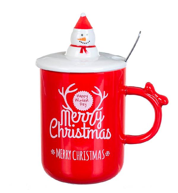 Кружка новогодняя Merry Christmas с ложкой 350 мл керамика Красный