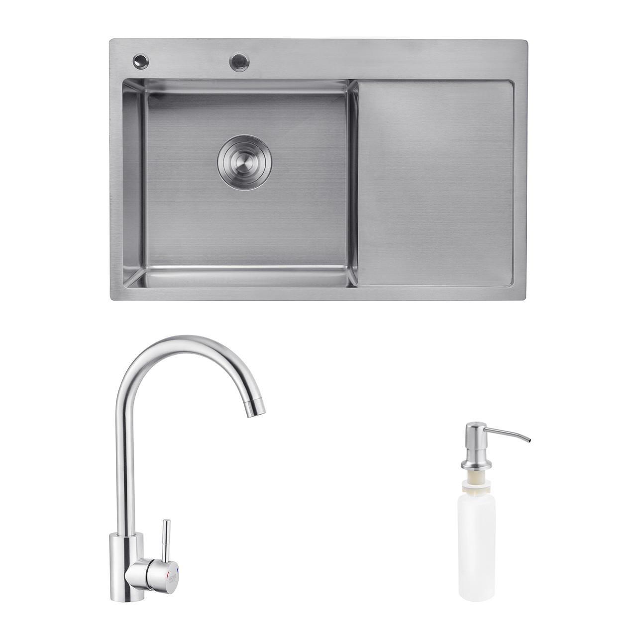 Комплект кухонная мойка Kroner Gebürstet-7849LHM/смеситель Edelstahl Klassisch-ESG035/дозатор Spender-016 (2739014410)