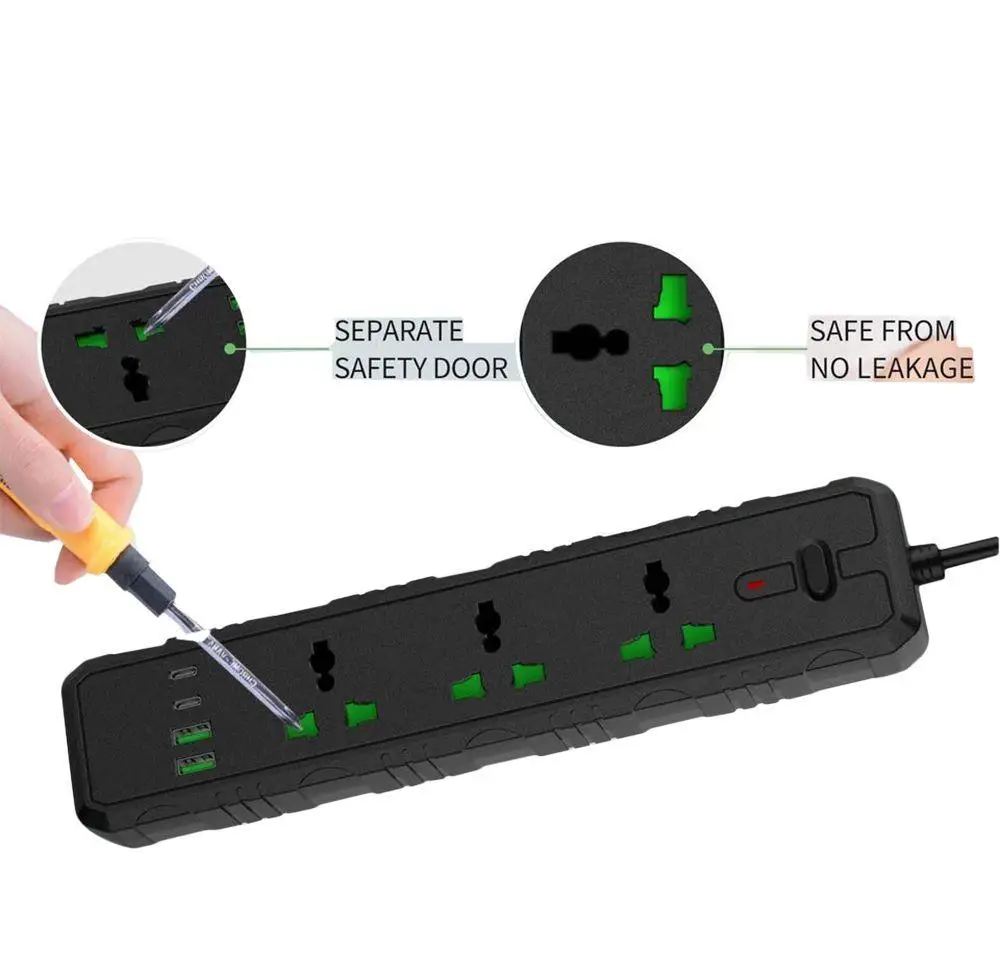 Подовжувач T25-QC 3 розетки/2 USB/2 Type-C захист від перегріву 2 м 3000 Вт Чорний (36879) - фото 5