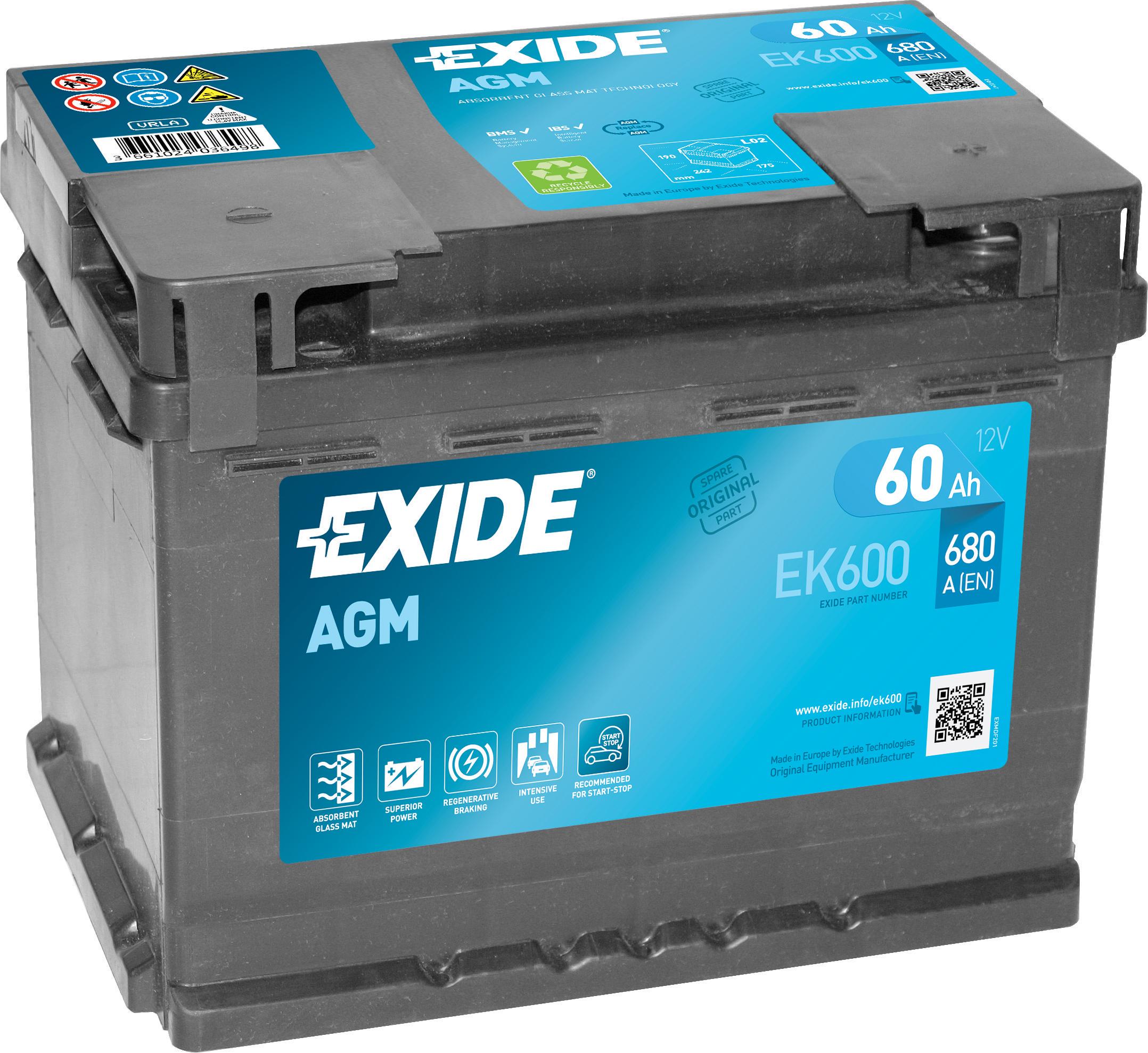 Аккумулятор автомобильный EXIDE Start-Stop AGM EK600 EN 6СТ-60Ah АзЕ 680A (68379)