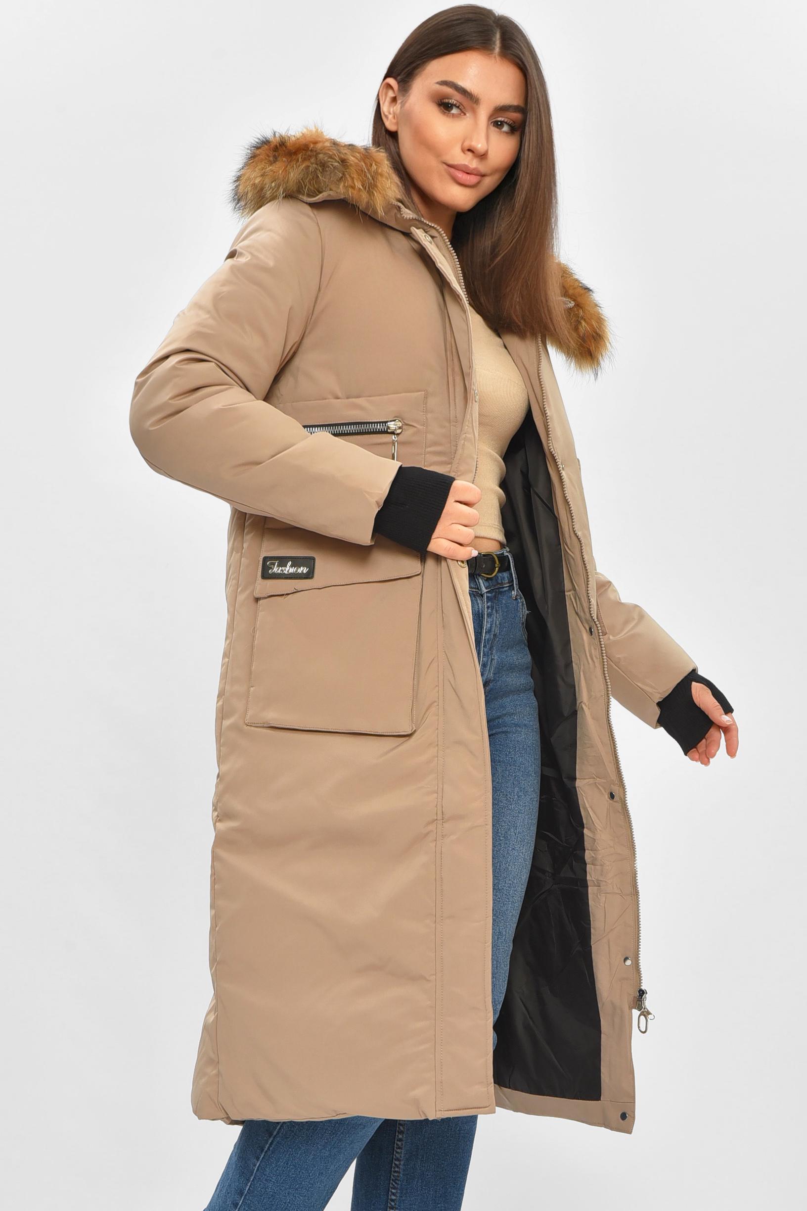 Куртка женская удлиненная зима XL Бежевый (196299) - фото 2 Куртка женская удлиненная зима XL Бежевый (196299) - фото 2
