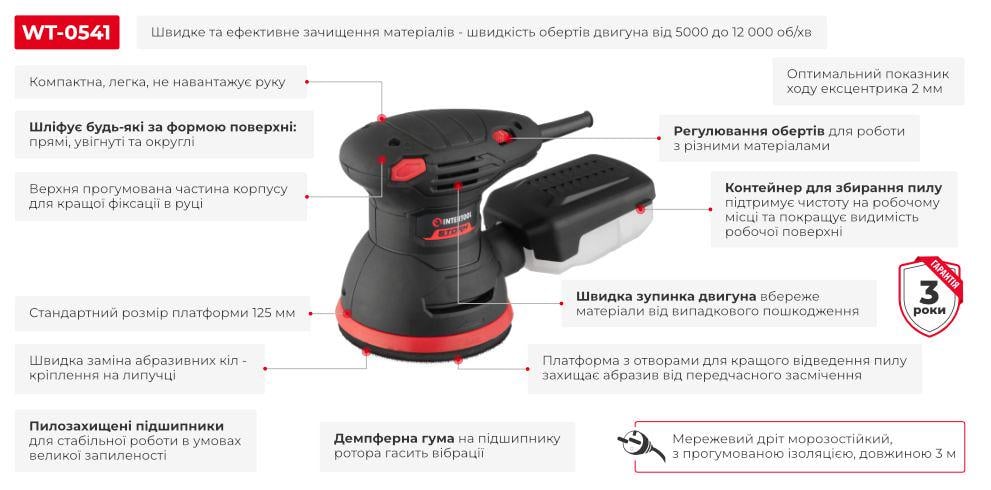 Шліфувальна машина Intertool WT-0541 125 мм 300 Вт 5000-12000 об/хв 2 мм - фото 3 Шліфувальна машина Intertool WT-0541 125 мм 300 Вт 5000-12000 об/хв 2 мм - фото 3