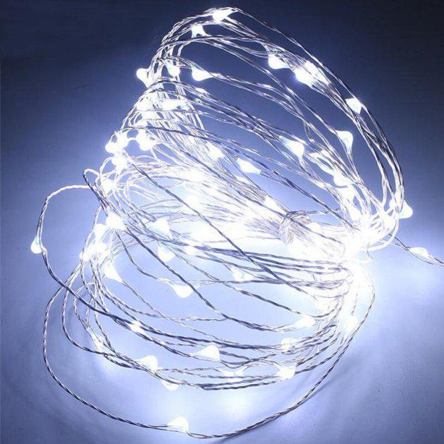 Гирлянда Капля росы от батарейки медный провод 100LED 10 м Холодный белый