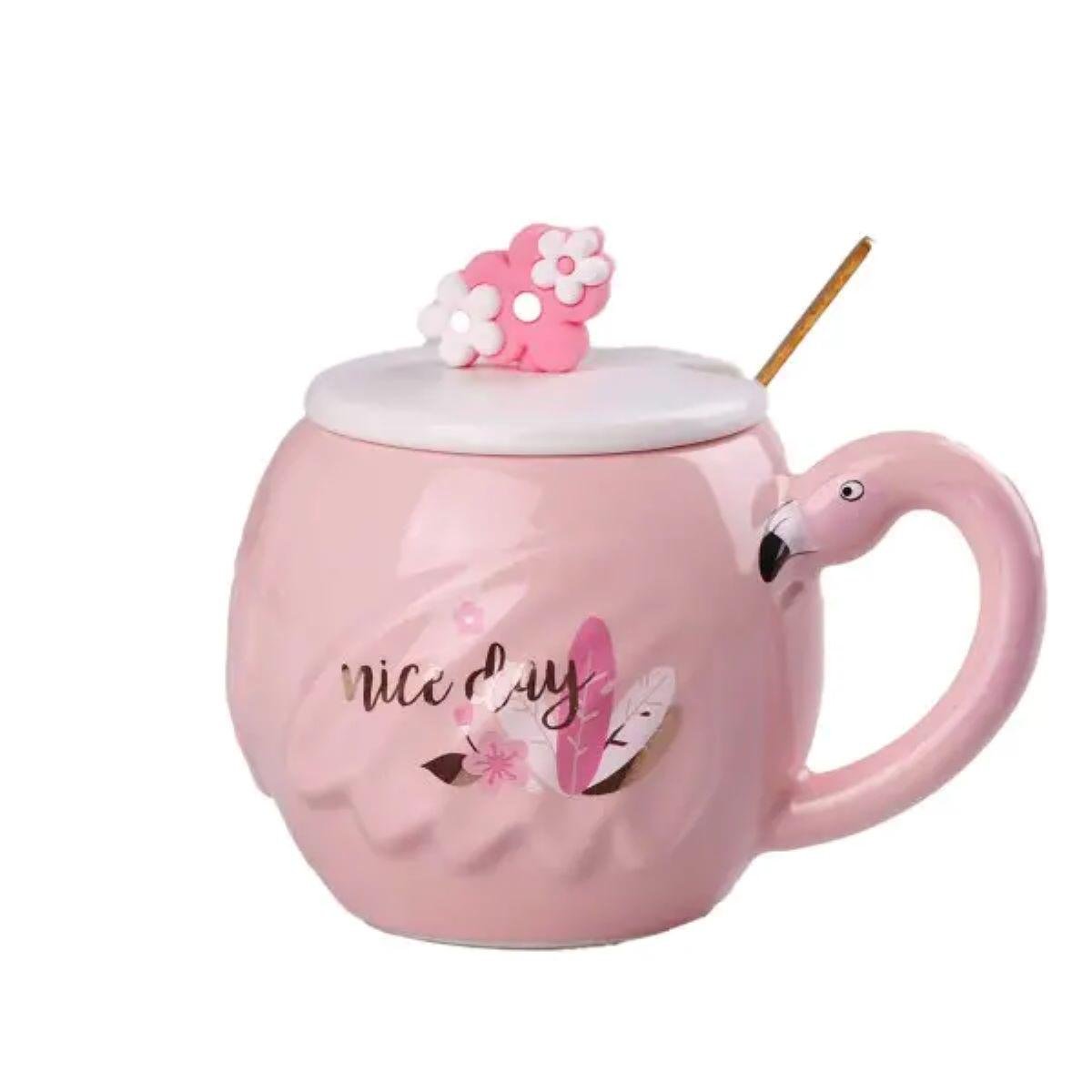 Чашка керамическая Light House Nice day Фламинго с крышкой и ложкой 500 мл Розовый (LG-20139)