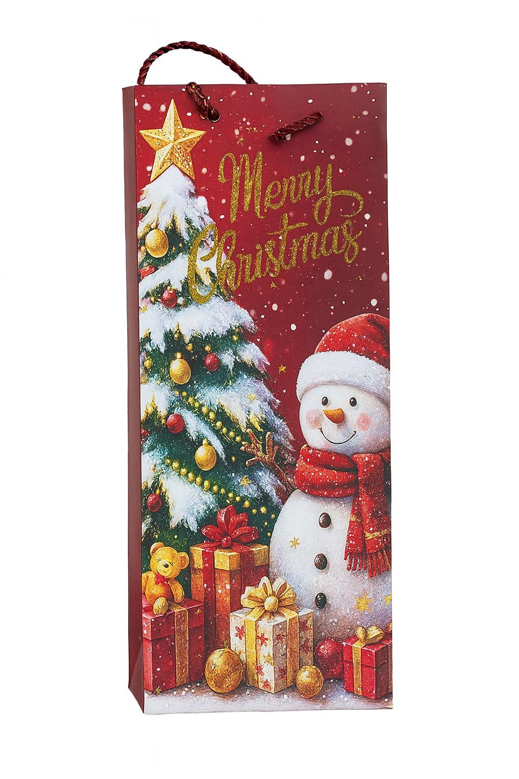 Пакет новогодний бумажный под бутылку Merry Christmas 12х9х35 см (R34467)