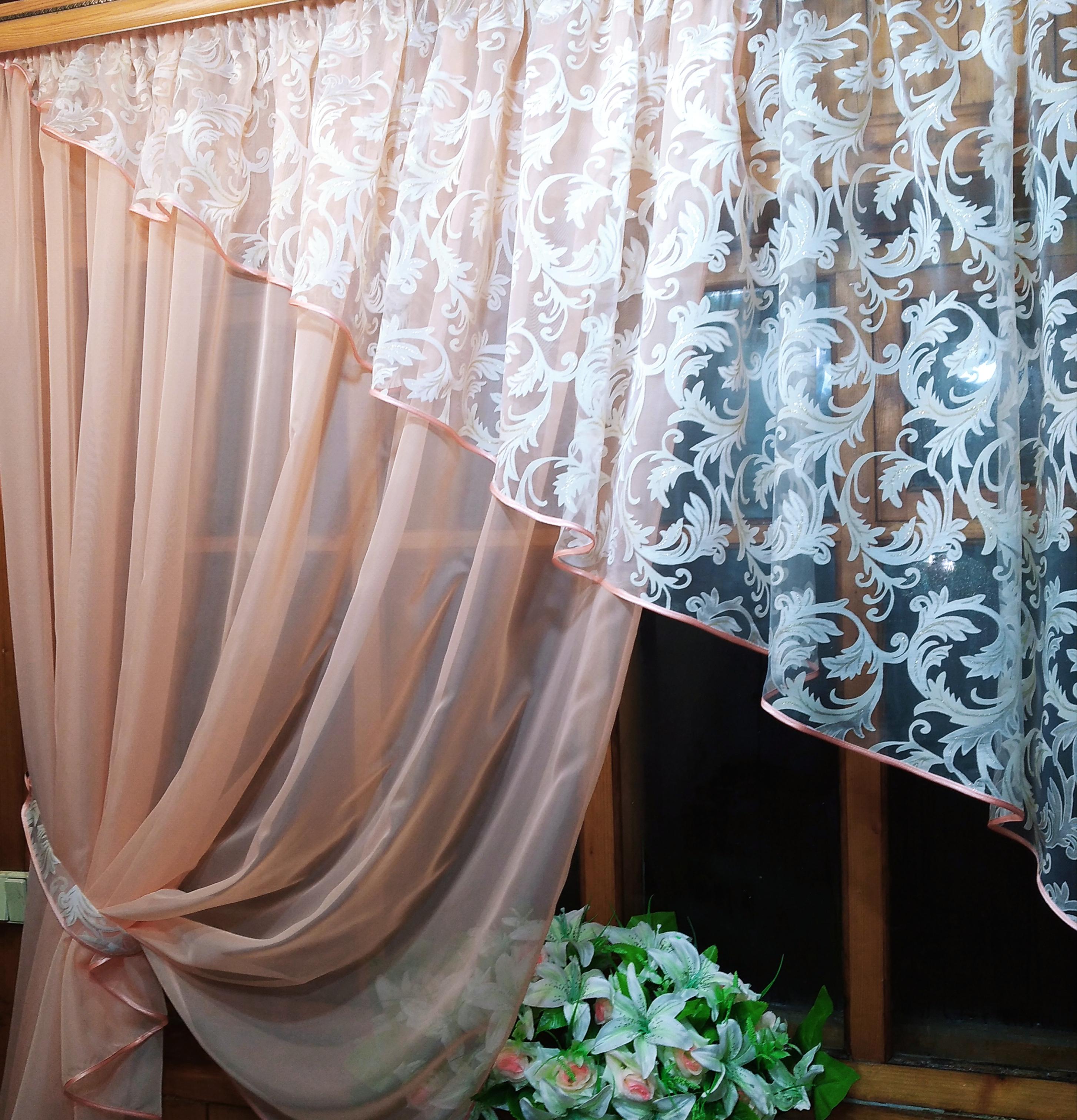 Занавеска кухонная короткая готовая Анжелика вензель левая Персиковый - фото 4 Занавеска кухонная короткая готовая Анжелика вензель левая Персиковый - фото 4