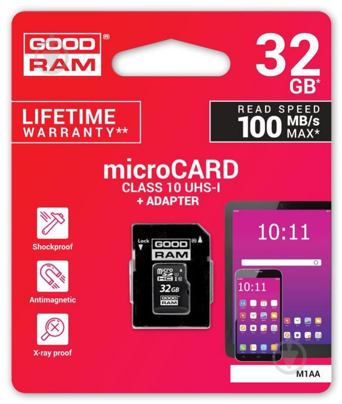 Карта памяти MicroSDHC  32GB UHS-I Class 10 Goodram + SD-adapter (M1AA-0320R12) - фото 2