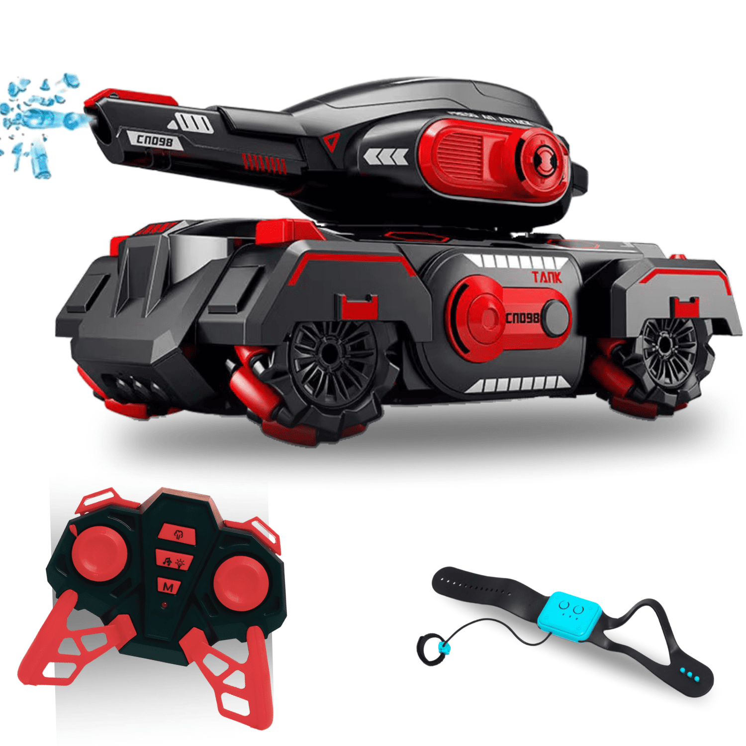 Танк детский на радиоуправлении stunt car с запуском орбизов управление жестами и пультом/свет музыка и led подсветка Красный