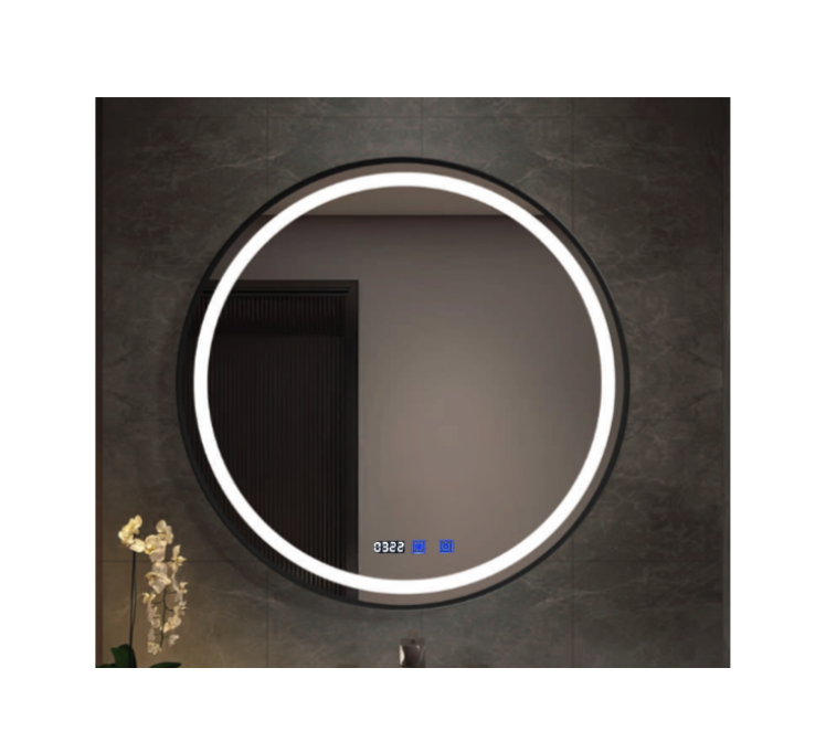 Зеркало в черном металлическом обрамлении с подсветкой LED в ванную комнату 70х70 см