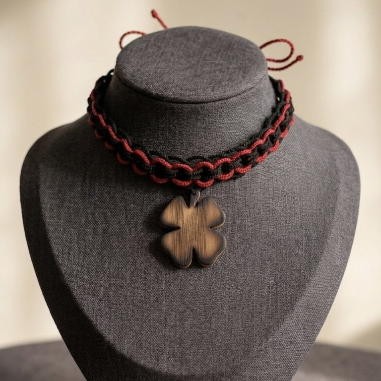 Чокер с деревянной подвеской в форме листа клевера женское украшение ручной работы в технике фриволите из мерсеризированного хлопка Красный