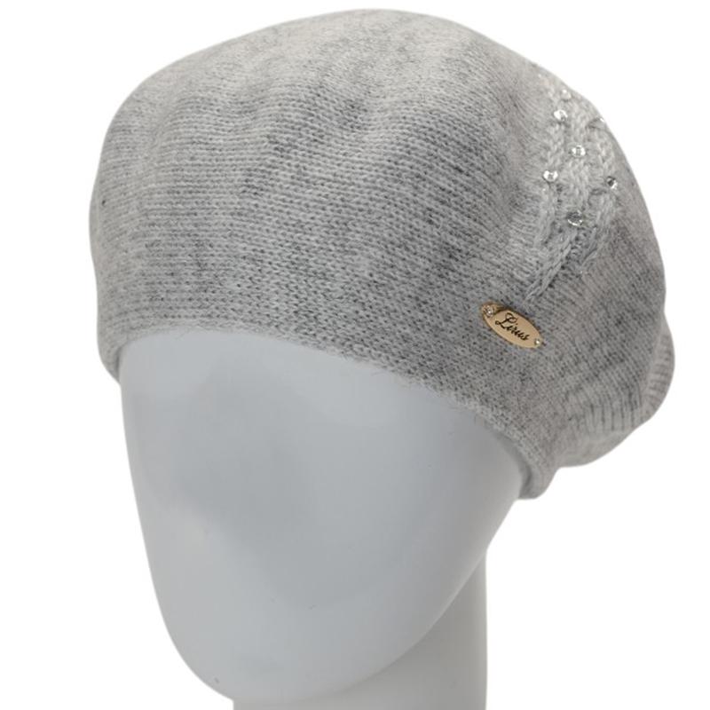 Берет женский осенний двойной Lirus Ожерелье с узором и стразами Светло-серый