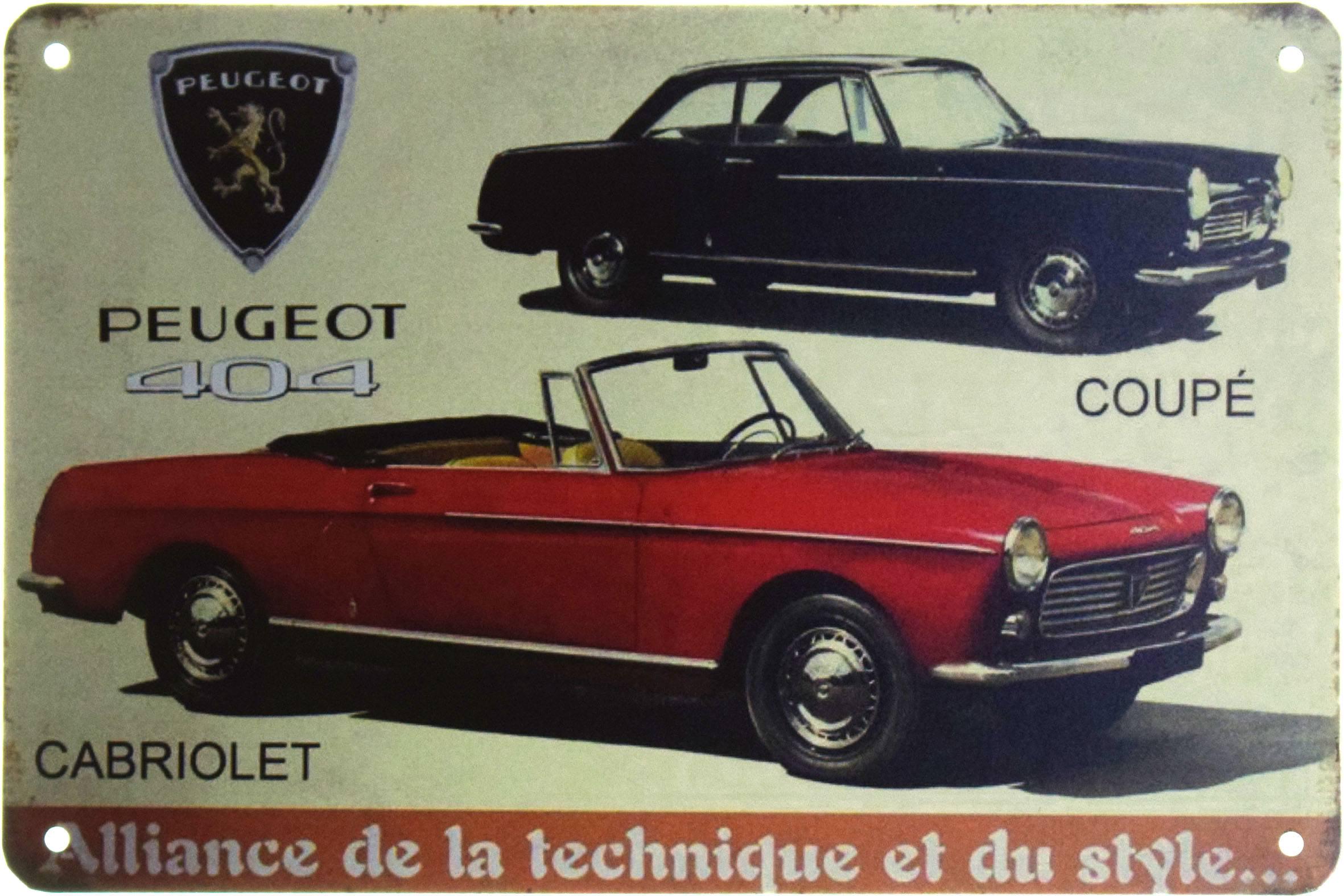 Табличка металлическая Peugeot 404 Coupé Cabriolet 20x30 см