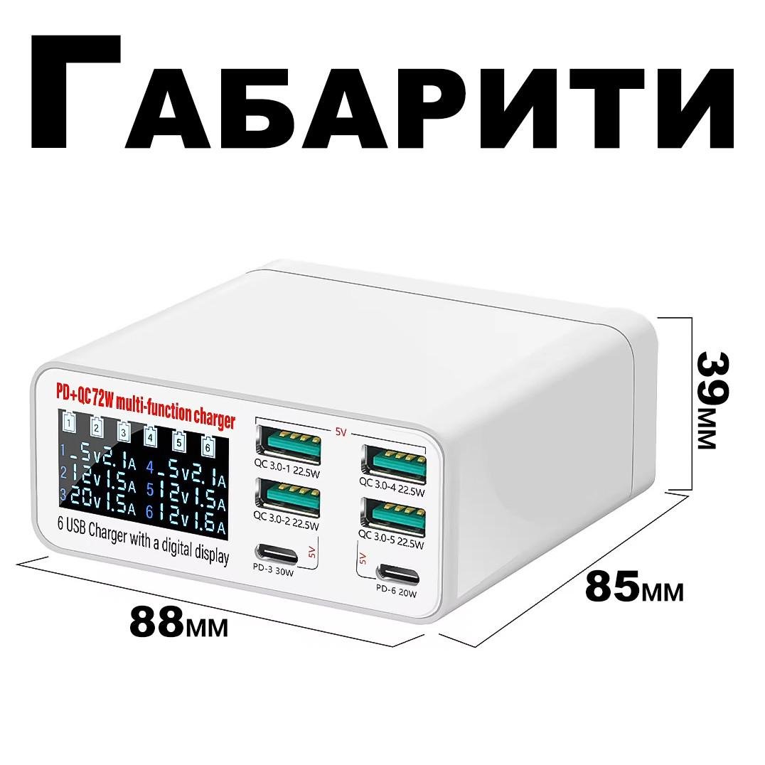 Зарядное устройство многопортовое Addap MCS-896C 4хUSB QC3.0/2хType-C PD с дисплеем для быстрой зарядки 6 устройств 72W - фото 3