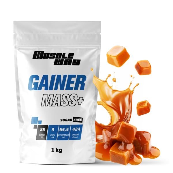 Гейнер для набору маси MuscleWay GAINER MASS+ без цукру вуглеводно-білковий 1 кг Карамель (21-125-g-mw-rs1.8)