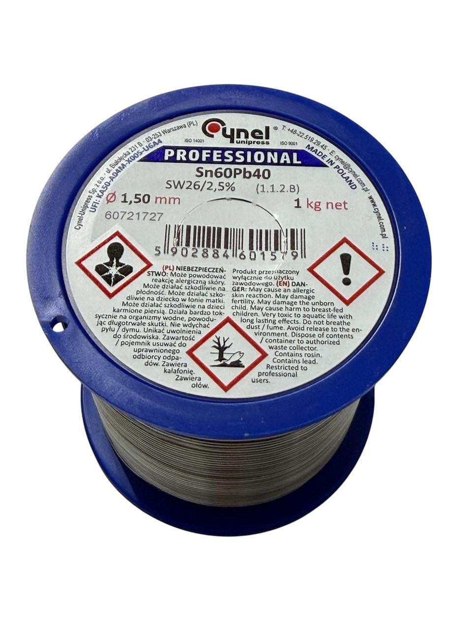 Припой Cynel Sn60Pb40 с флюсом 1,5 мм катушка 1 кг