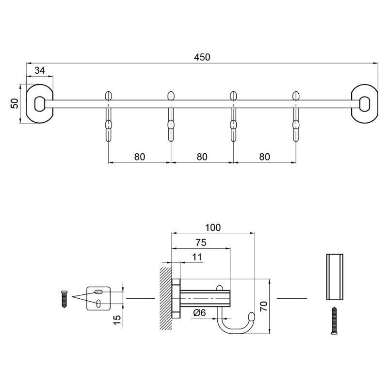 Тримач для рушників Q-tap Liberty QTLIBBLM1154-4 4 крючки Чорний (76420) - фото 3