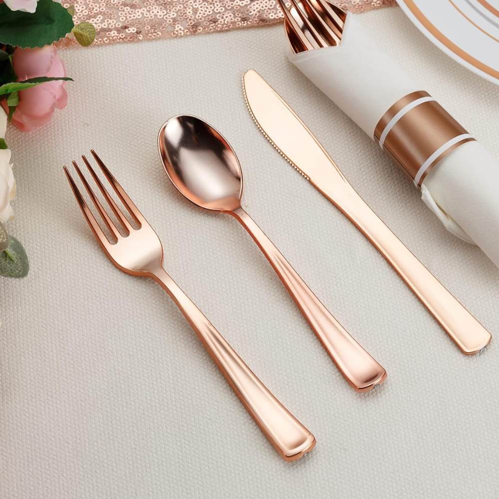 Набір пластикових столових приборів ножі виделки ложки 18 шт. Рожеве золото - фото 15 Набір пластикових столових приборів ножі виделки ложки 18 шт. Рожеве золото - фото 15