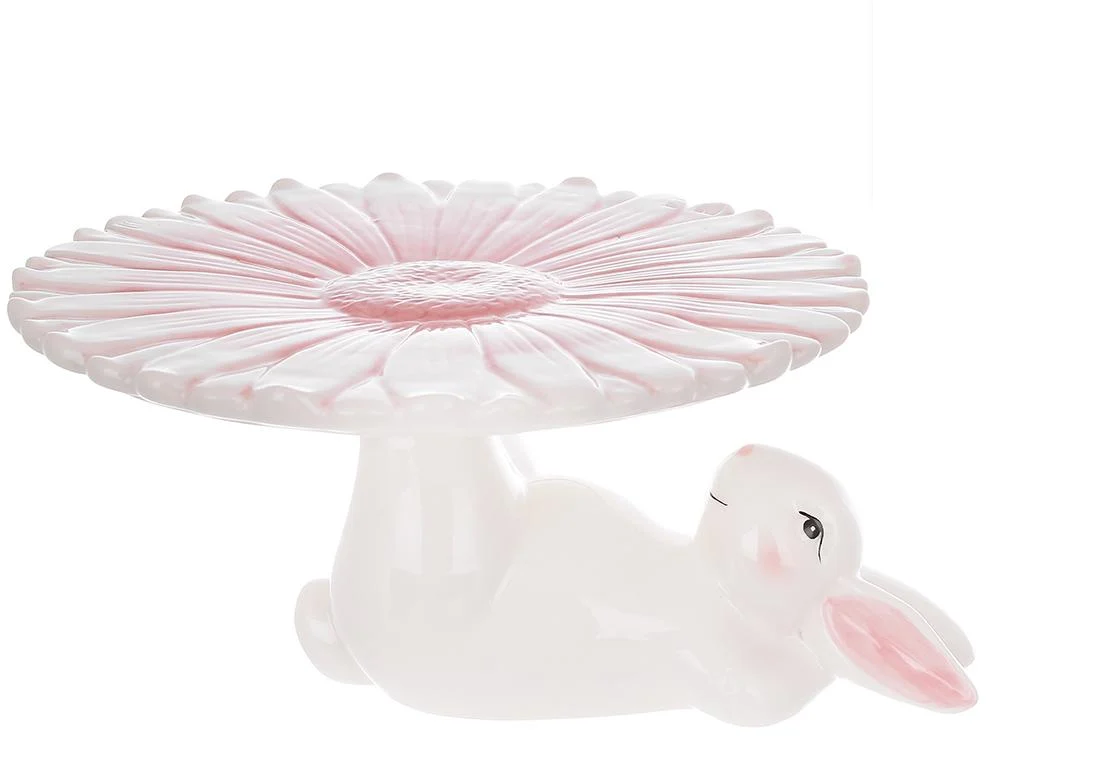 Подставка для паски/торта керамическая BonaDi Кролик с цветком d 22,8х12 см Белый с розовым (733-581)