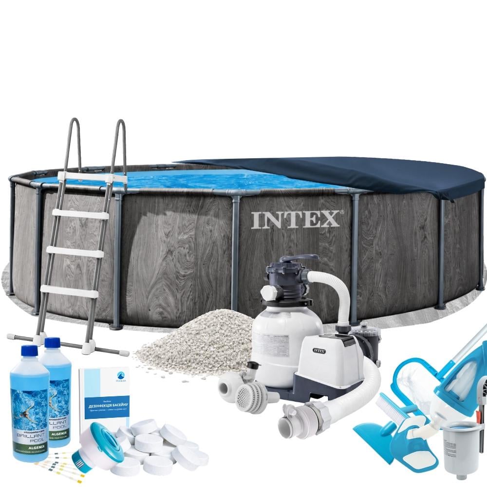 Бассейн каркасный круглый Intex Prism Frame 26742-10в1 457х122 см с песчаным фильтром/аксессуарами/химией Коричневый (147-9-26742-10 Max )