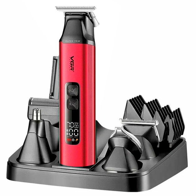 Машинка для стрижки VGR V-117 IPX6 LCD с подставкой 14 насадок Красный