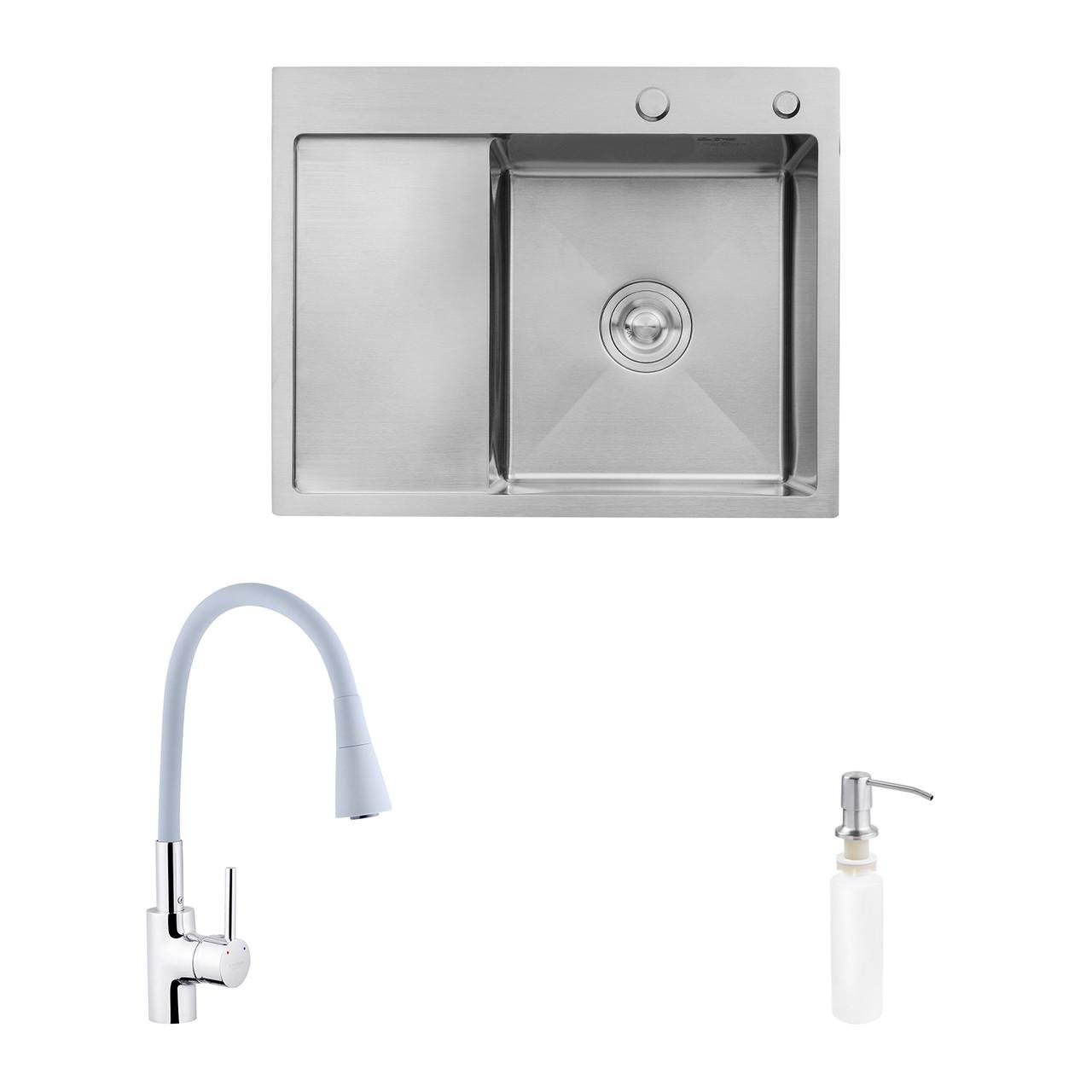 Комплект кухонная мойка Kroner Gebürstet-6350RHM/смеситель Küche-C031GRA/дозатор Spender-016 (2669564692)
