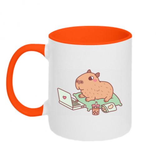 Чашка керамическая двухцветная Capybara with laptop 320 мл Оранжевый с белым (12975754-36-182922)
