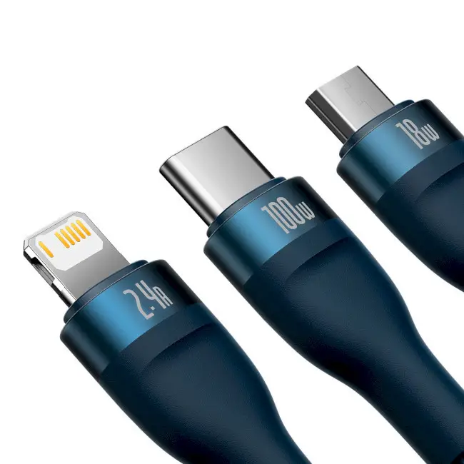 Кабель BASEUS Flash Series II 3в1 Cable USB to MicroUSB/Lightning/Type-C CASS030003 100W 1,2 м Blue - фото 3