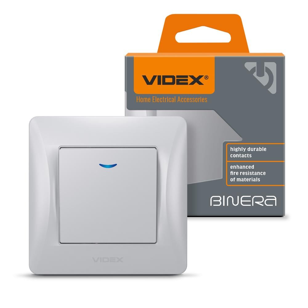 Выключатель одноклавишный Videx Binera с подсветкой Серебряный шелк (12099)