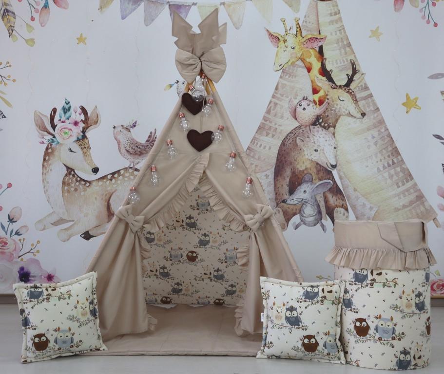 Вігвам дитячий для дівчинки Совуня з матрацом і подушками з кошиком для білизни