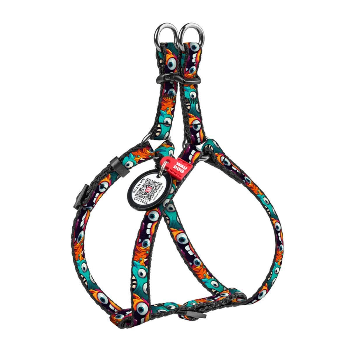 Шлея для кошек/мелких пород собак Waudog Nylon Зубастые монстры с QR паспортом/пластиковым фастексом XS 10 мм х 28-40 см (319-4048 Col)