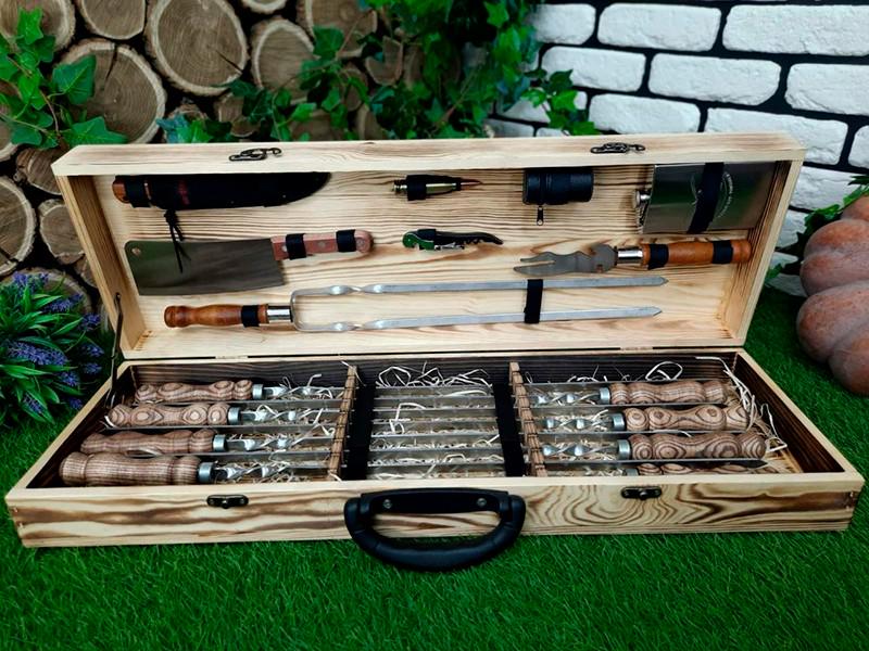 Набор шампуров для мяса Elit с комплектом аксессуаров в деревянном кейсе 720х12х3 мм 8 шт. (12315450)