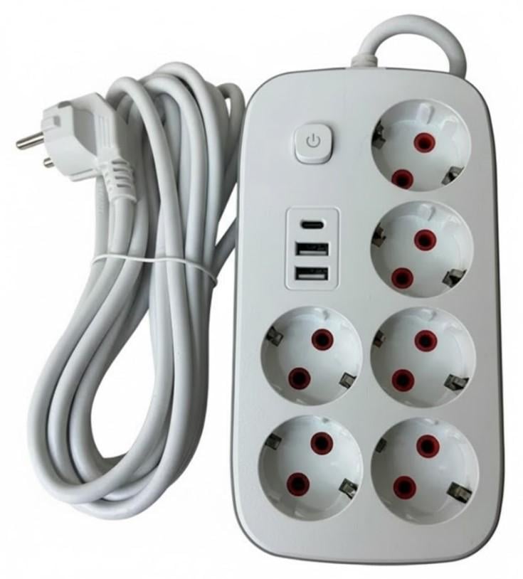 Удлинитель сетевой Power Socket с 6 розетками и 3 USB-портами 2500W 5 м (2104618794) Удлинитель сетевой Power Socket с 6 розетками и 3 USB-портами 2500W 5 м (2104618794)