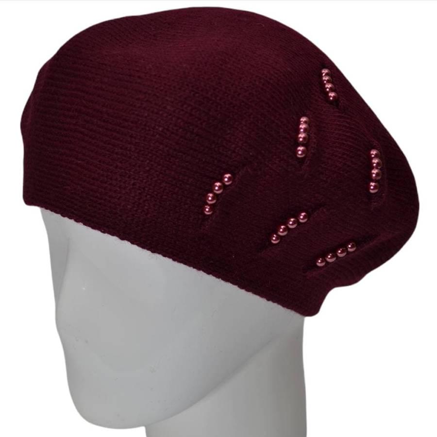 Берет женский Lirus Вишня из шерсти двойной с бусинами Бордовый