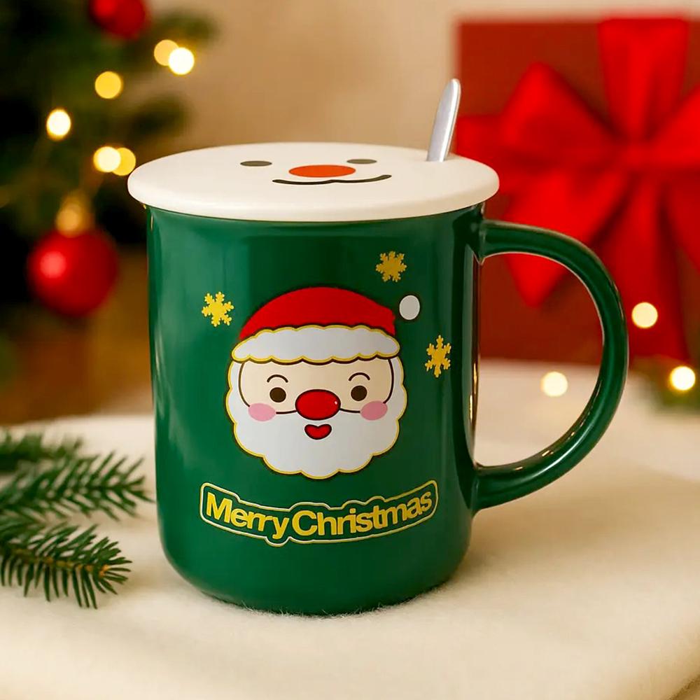 Чашка новорічна з кришкою і ложкою Санта кераміка 380 мл Зелений - фото 1