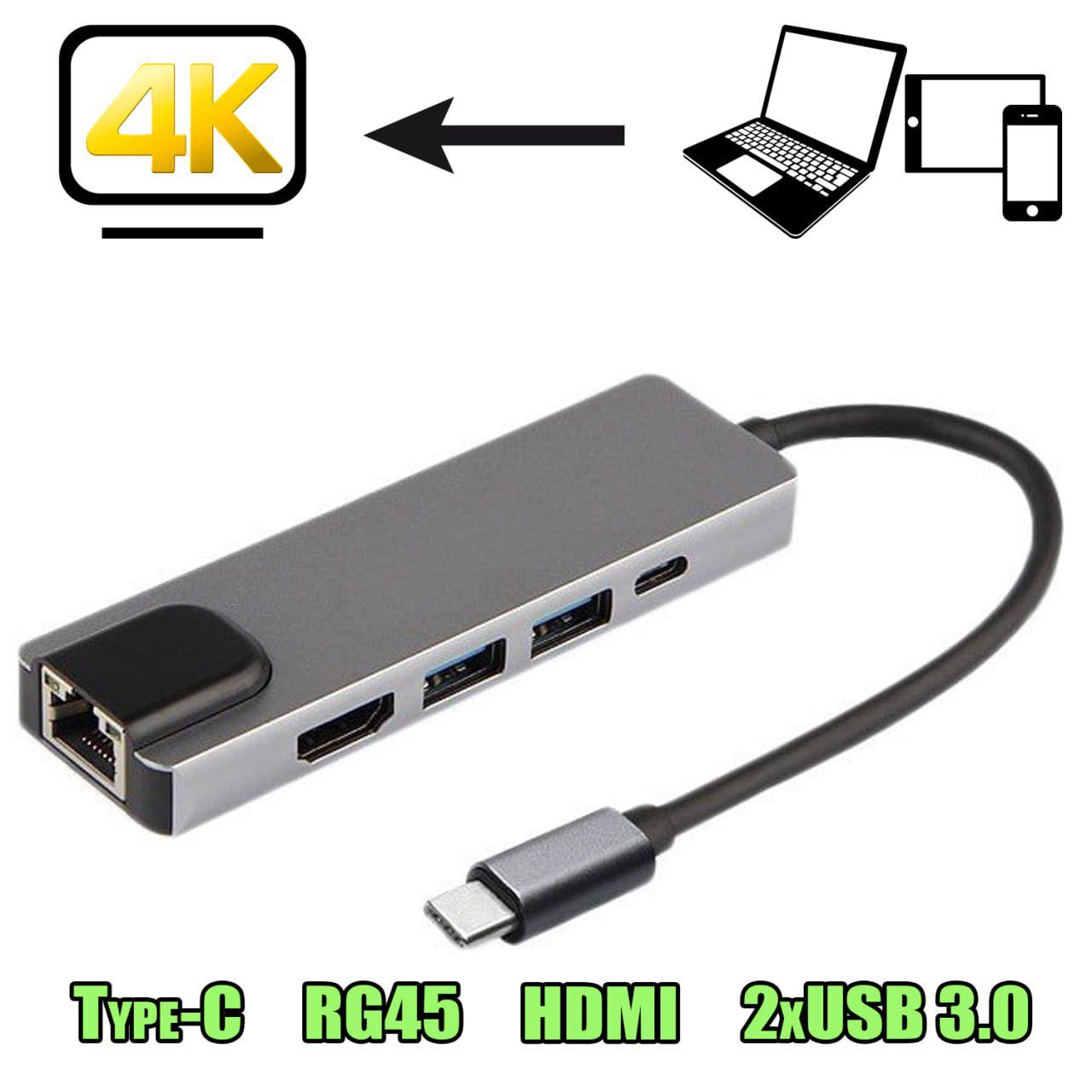 USB-хаб концентратор RJ45+HDMI+2xUSB 3.0 Xo 5в1 Type-C металлический (c025cb51) - фото 5