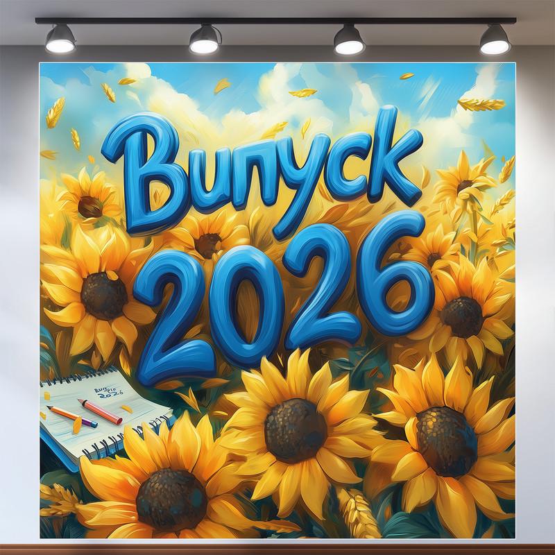 Баннер для фотозоны "Випускний 2026" подсолнухи на фоне неба с блокнотом и ручками 200x200 см №41012 Баннер для фотозоны "Випускний 2026" подсолнухи на фоне неба с блокнотом и ручками 200x200 см №41012