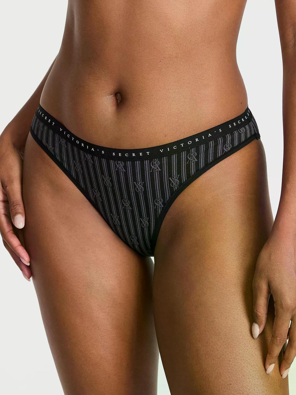 Трусики жіночі бавовняні Victoria's Secret Stretch Cotton Bikini Panty Black Logo Stripes S Чорний (37022155)