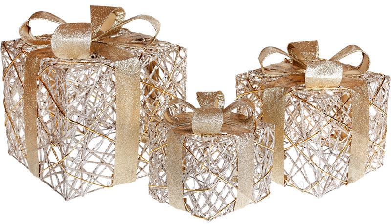 Набор декоративных подарков с LED подсветкой 3 шт. 15х20/20х25/25х30 см Светлое золото